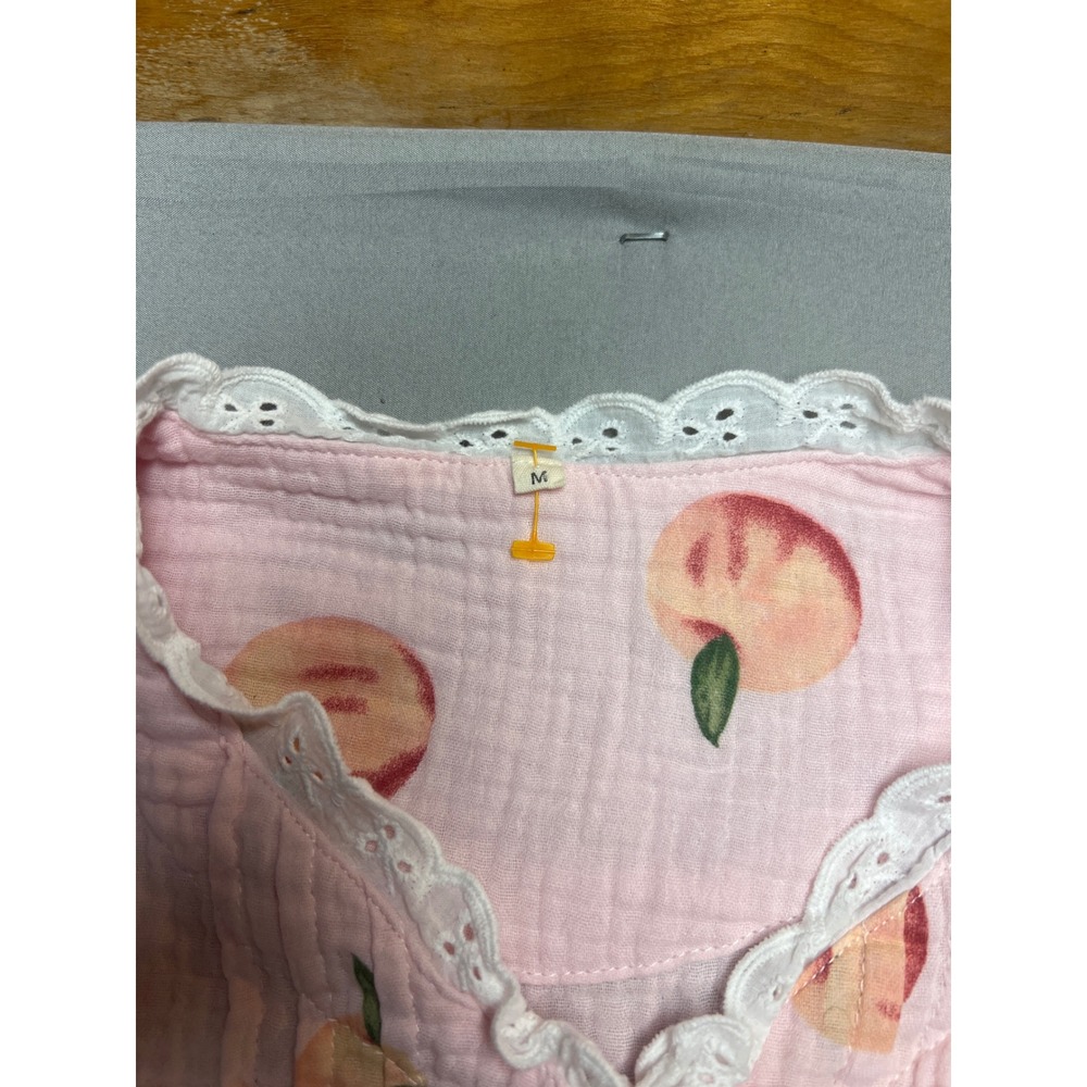 Pink Peach Print Cotton Gauze Pajama Set Lace Trim Long Sleeve Pants M - Picture 2 of 7
